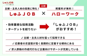 主婦・主夫人材採用に特化した「しゅふＪＯＢ」とハローワークを比較